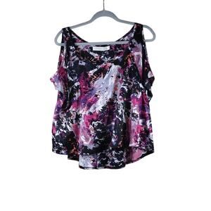 Costa Blanca Pink Purple Floral Flowy Business Casual Cold Shoulder Blouse